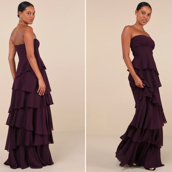 LULUS Sexy Elegant FLowtProm Wedding Bridesmaid Tiered Ruffles Black Maxi Dress - Picture 3 of 4